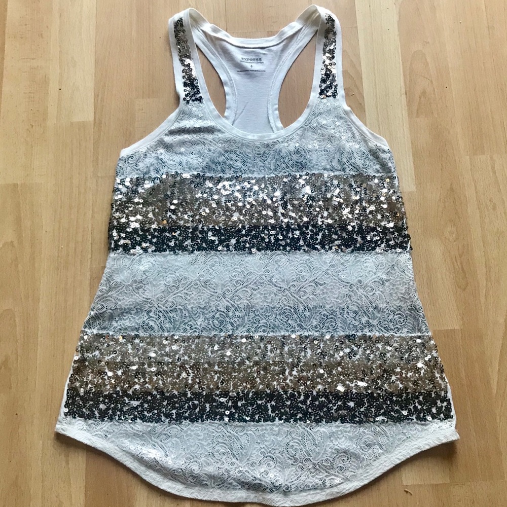Express racerback tank lace and sequin sparkle. Sm